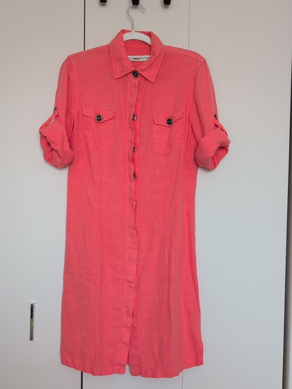 Coral Pink Button-Front Linen Shirt Dress